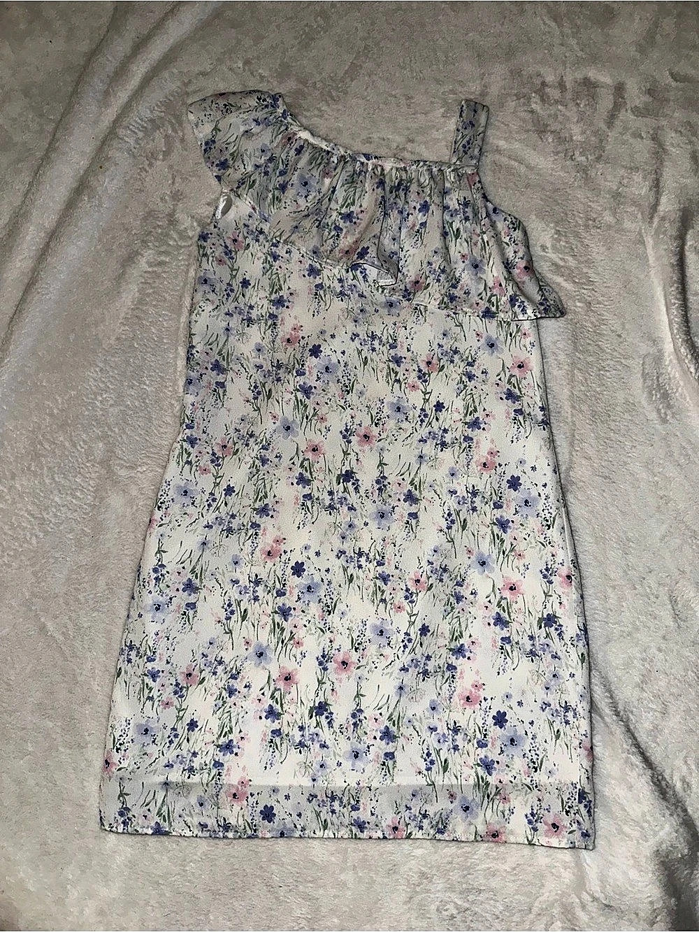 Maggie Breen Floral Ruffle Mini Dress in White & Purple Like New
